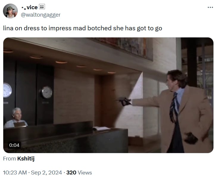 Lana from Dress to Impress meme with a clip of a man shooting someone sitting at a front desk.