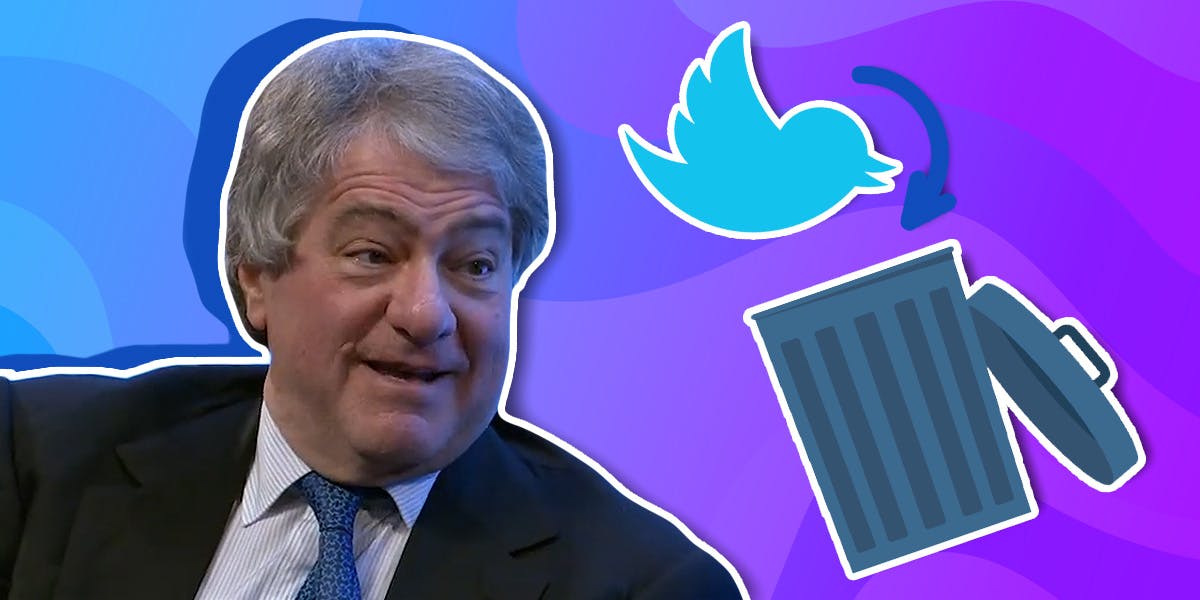 Leon Black with Twitter bird over blue and purple