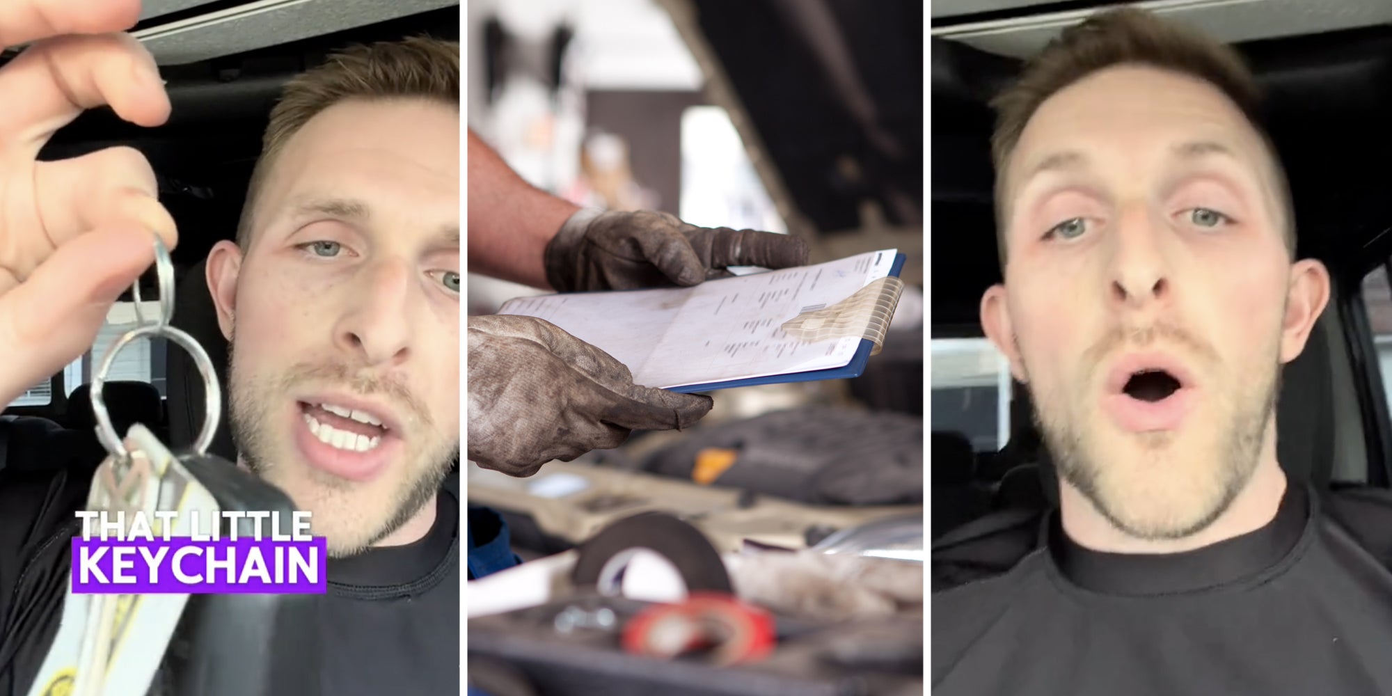 Man holding keychain(l), Mechanic holding checklist(c), Man talking(r)