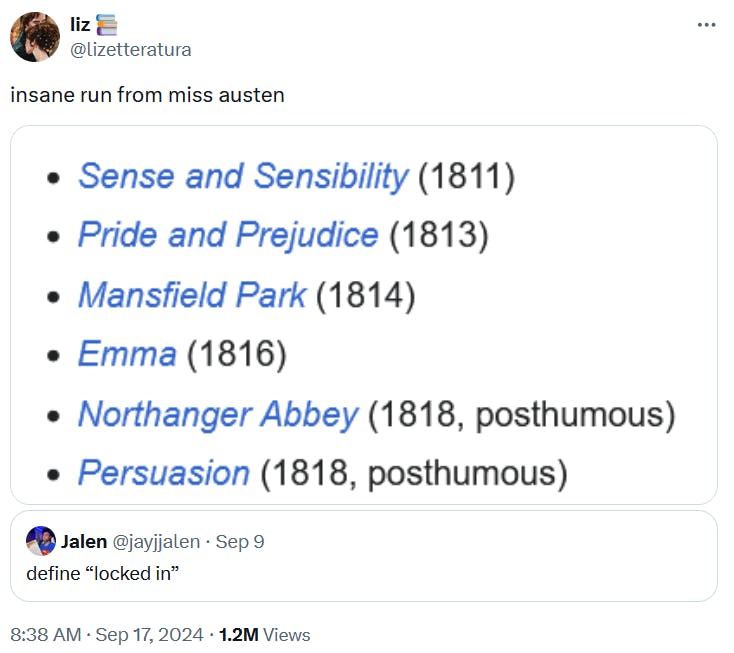 Lock in meme with a list of Jane Austen novels.