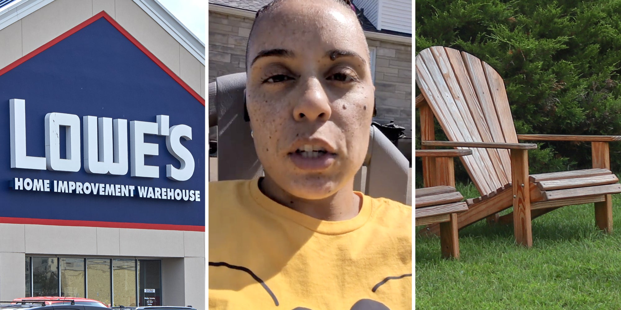 Lowe's storefront(l), Woman talking(c), Adirondack chair(r)