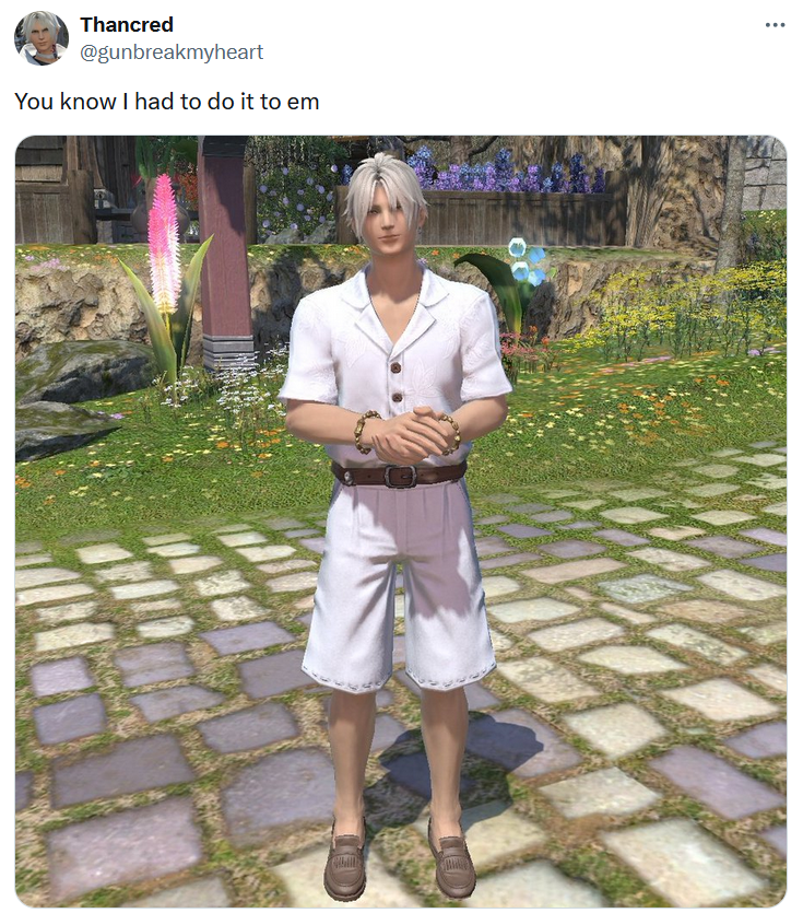 Lucky Luciano meme with a character from Final Fantasy XIV.