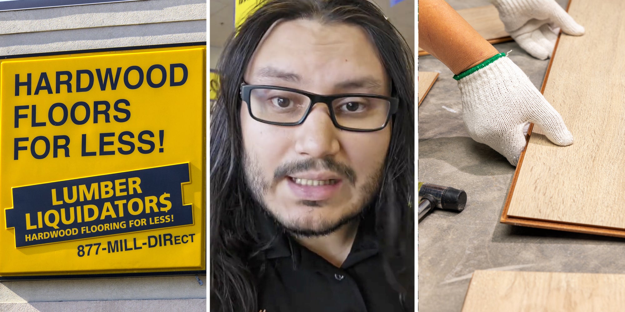 Lumber Liquidator sign(l), Worker talking(c), Hands putting down new flooring(r)