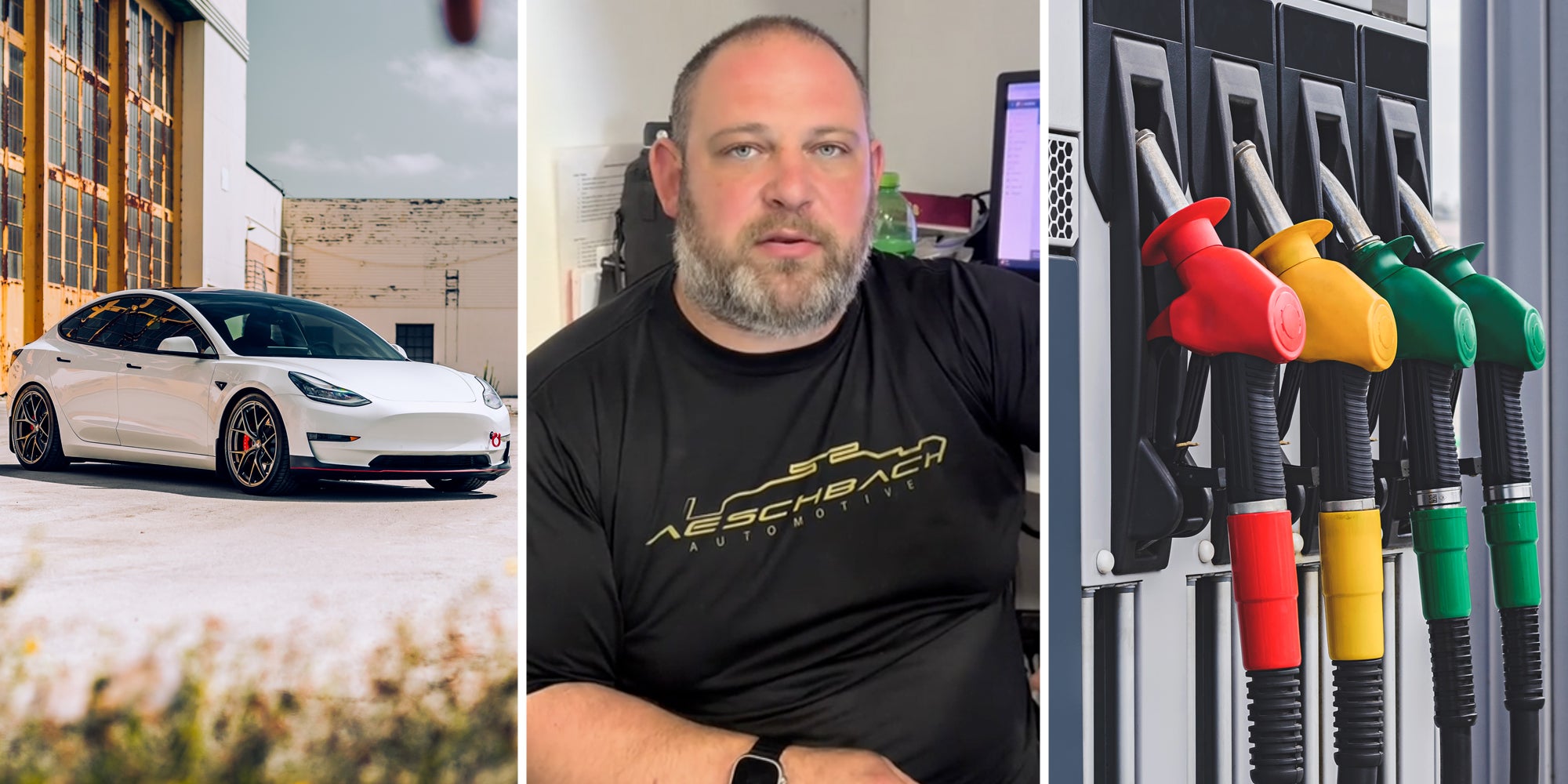 Luxury car(l), Man talking(c), Gas pumps(r)