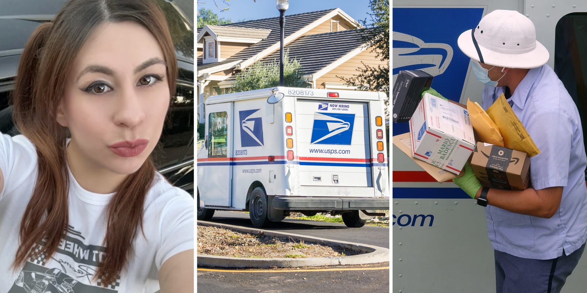 Woman talking(l), USPS truck(c), Mailman with packages(r)