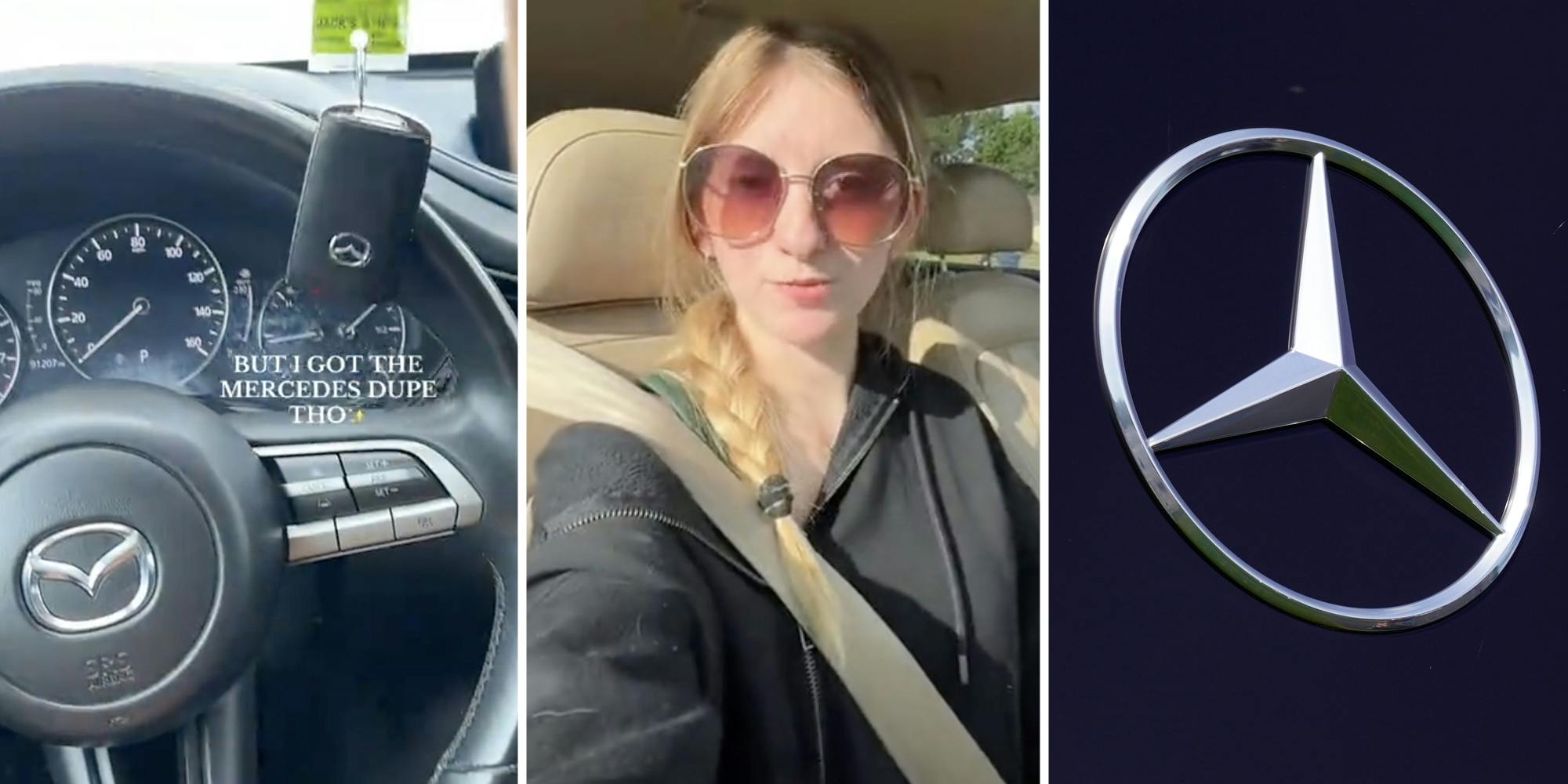 Interior Mazda(l), Woman talking(c), Mercedes logo(r)