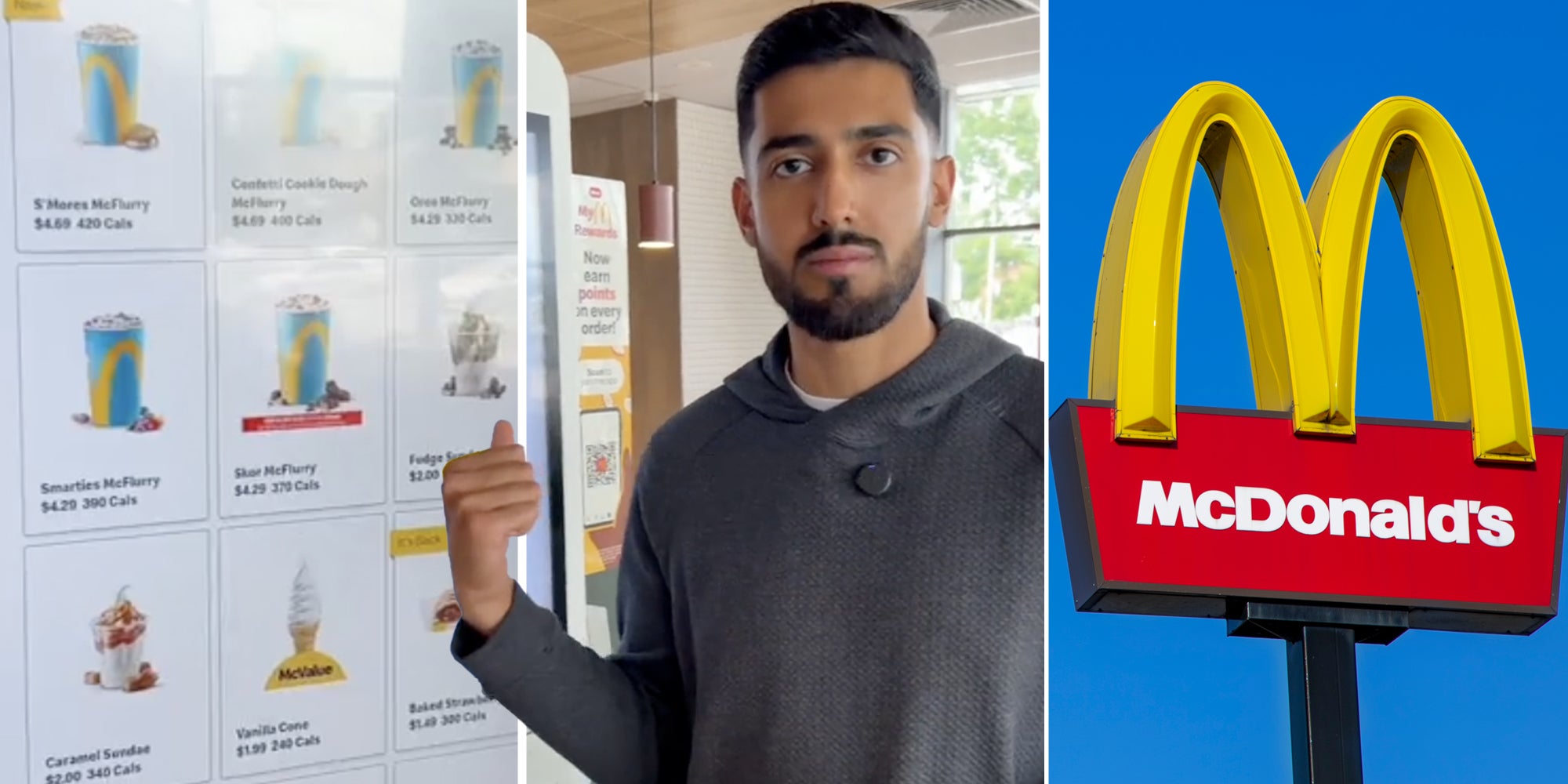 McDonald's touchscreen menu(l), Man pointing to menu(c), McDonald's Arches(r)