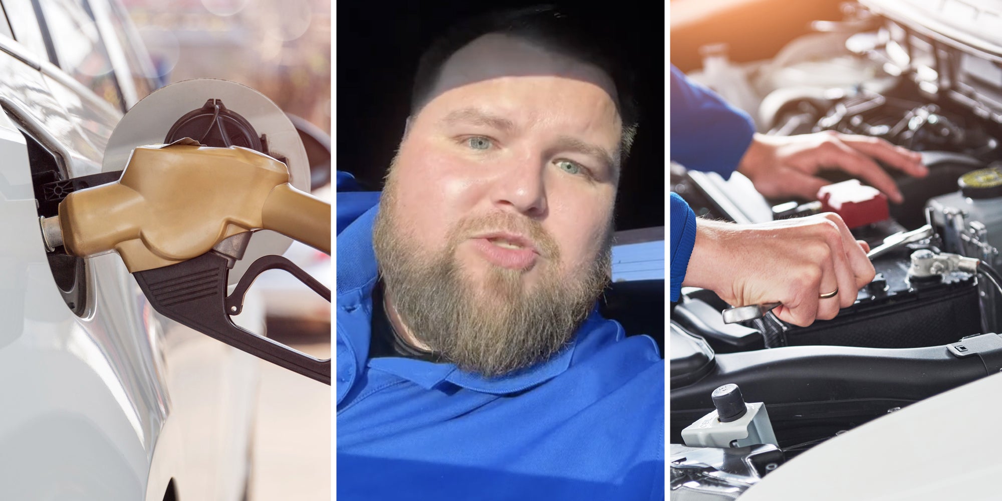 Gas Pump in car(l), Man talking(c), Mechanic hands working on engine(r)