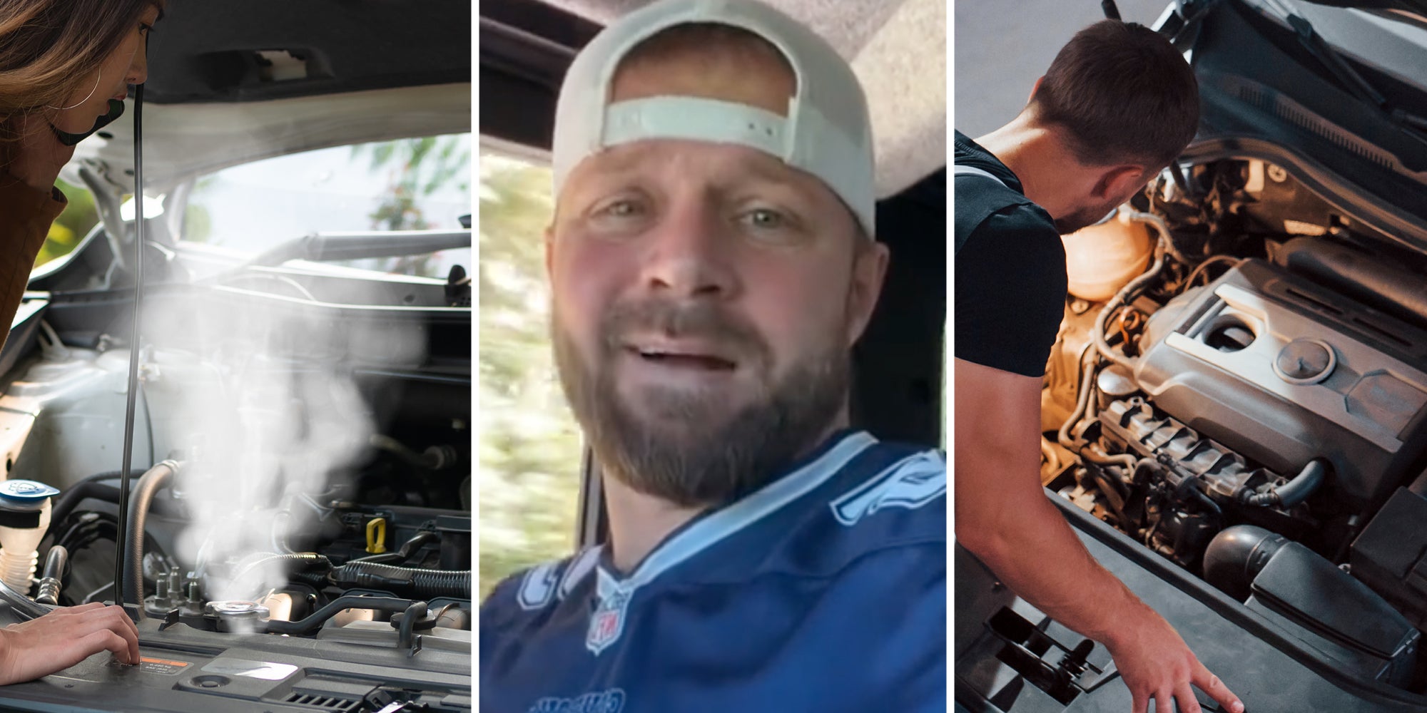 Woman on phone as engine smokes(l), man talking(c), Mechanic looking under hood(r)