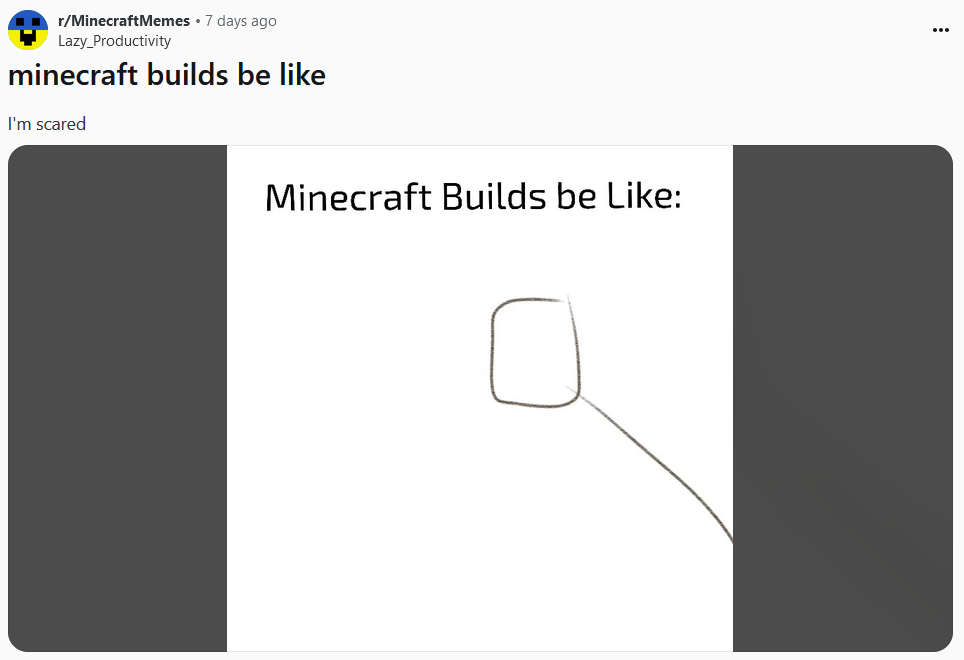 Minecraft builds be like meme but it's just a drawing of a square with a line coming off one corner.