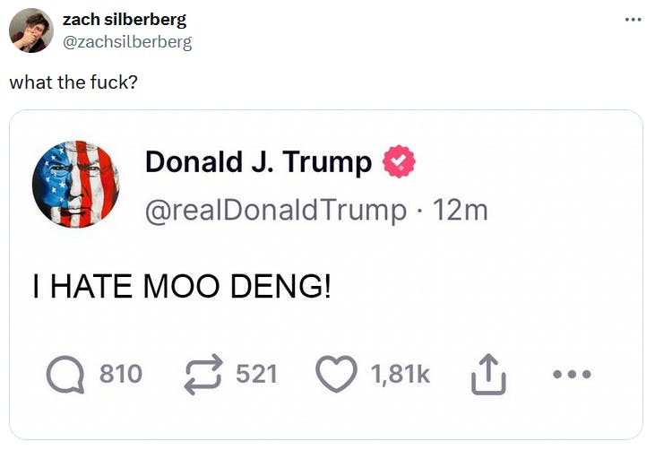 Moo Deng meme with a Photoshopped Trump post on Truth Social.