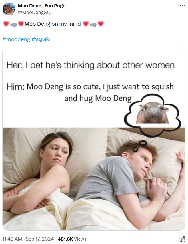 Moo Deng meme in the jealous girlfriend in bed format.