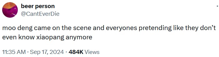 Tweet reading 'moo deng came on the scene and everyones pretending like they don’t even know xiaopang anymore.'