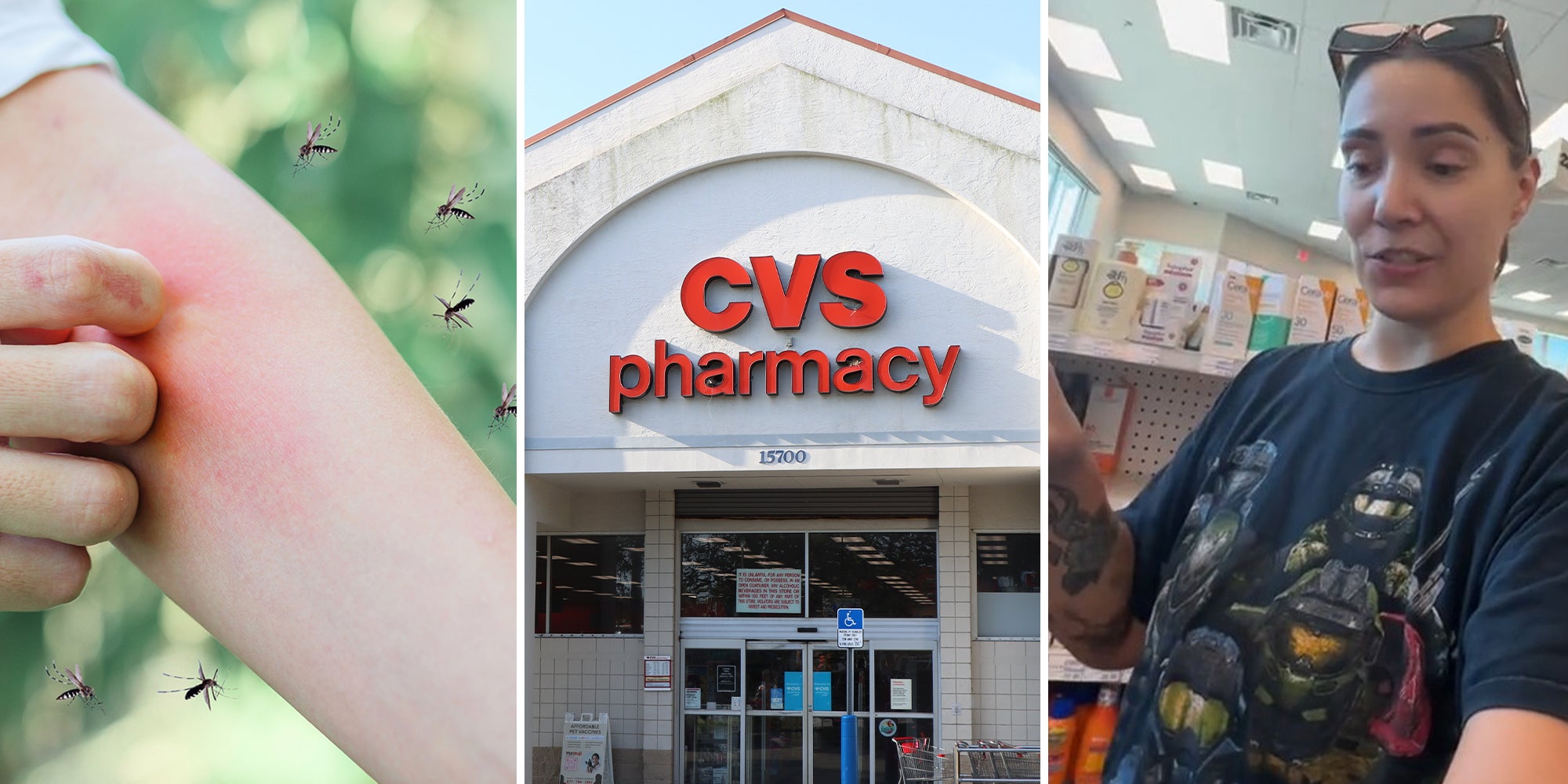 Man Scratching mosquito bite(l) CVS pharmacy store front(c) Woman inside CVS pharmacy (r)