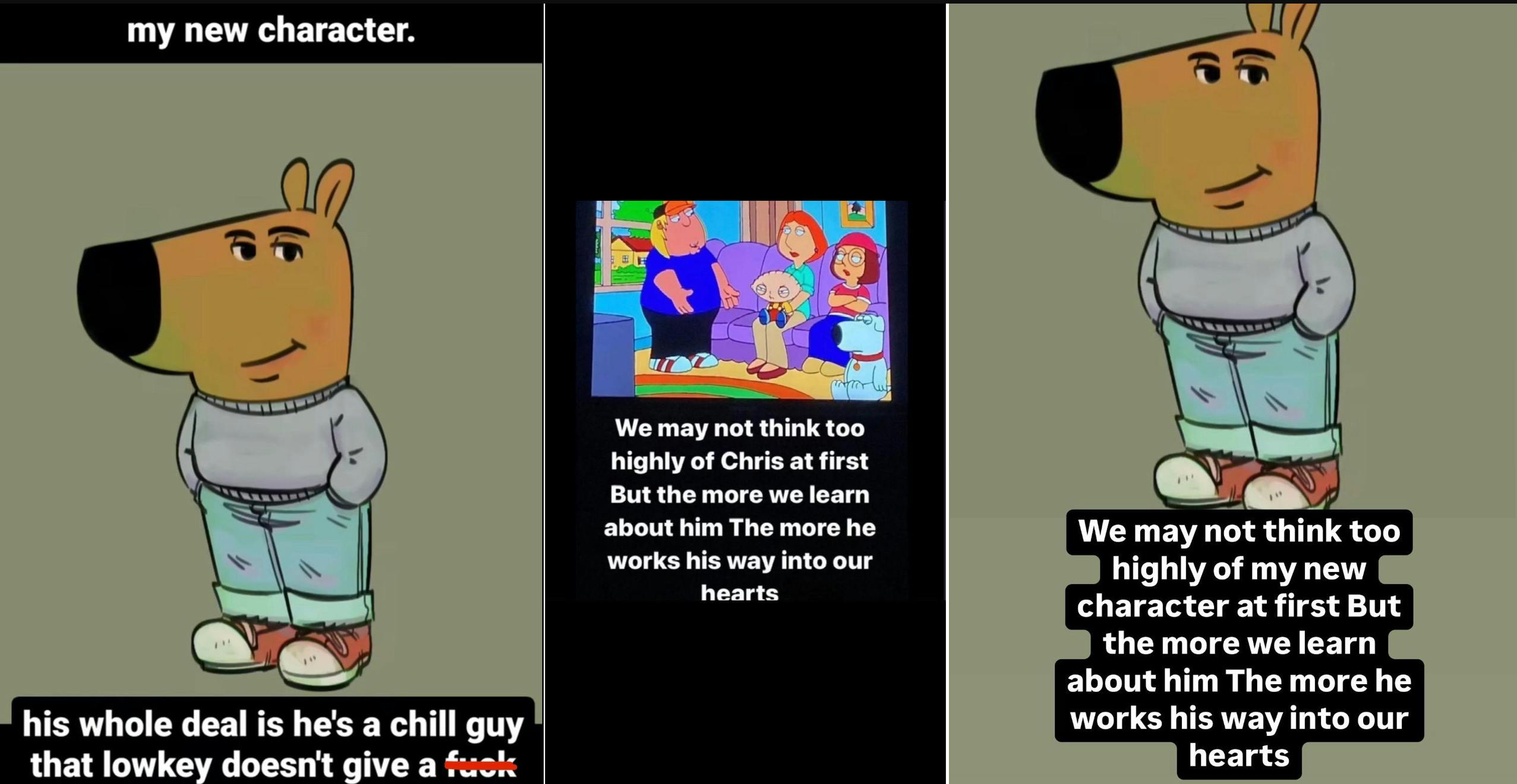 Triptych of TikTok screenshots featuring the My New Character meme and the Griffin Family from Family Guy.