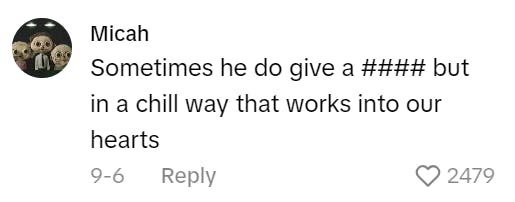 TikTok comment from a My New Character meme post that reads, 'Sometimes he do give a #### but in a chill way that works into our hearts'