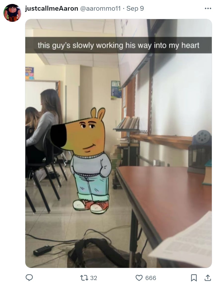 Snapchat filter with the My New Character added to the photo of a classroom. Text reads, 'this guy's slowly working his way into my heart.'