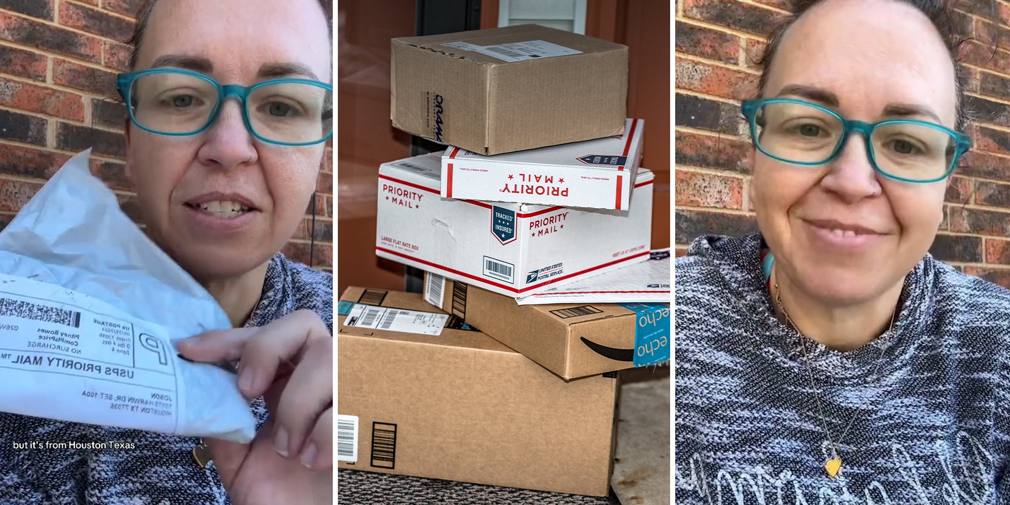 Woman holding up her Mail(l) Mail Boxes stacked Infront of house (c) Woman smiling wearing teal glasses(r)