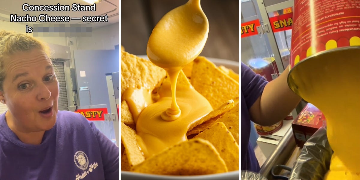 woman speaking with caption 'Concession Stand Nacho Cheese-secret is blank' (l) nachos (c) nacho cheese (r)