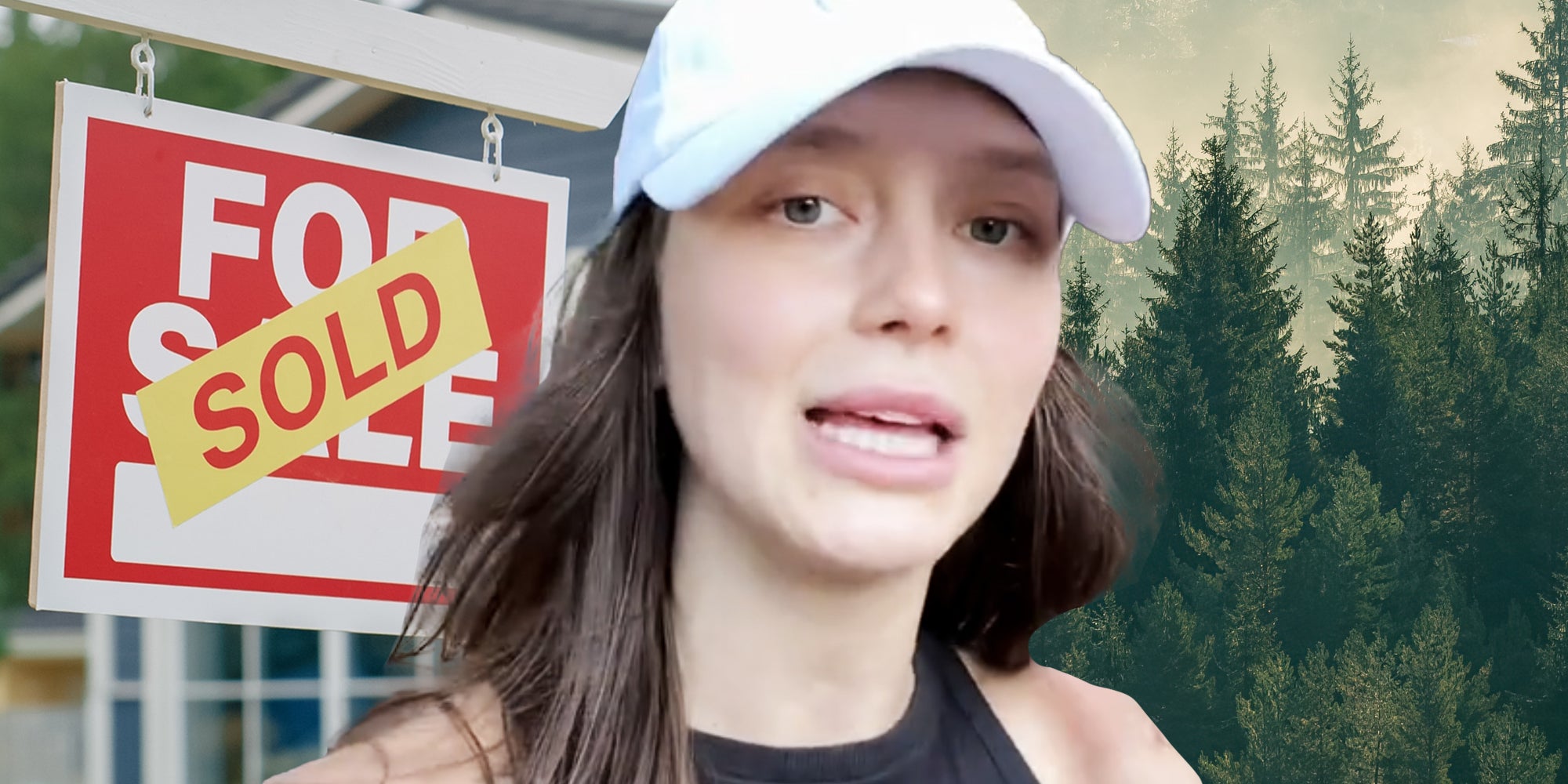 Woman talking over for sale sign and forest