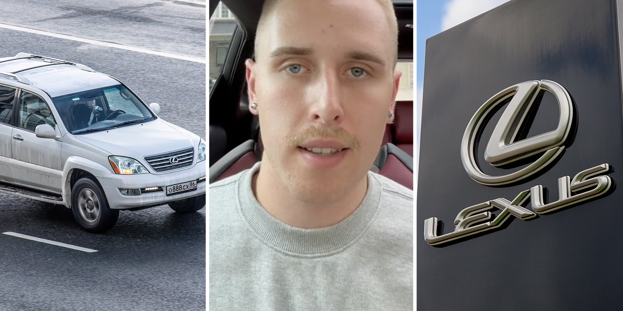 Lexus car on road(l), Man talking(c), Lexus sign(r)