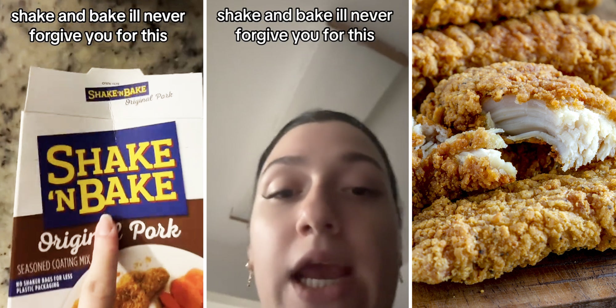 Shake'n'Bake box(l), Woman talking(c), Breaded chicken(r)