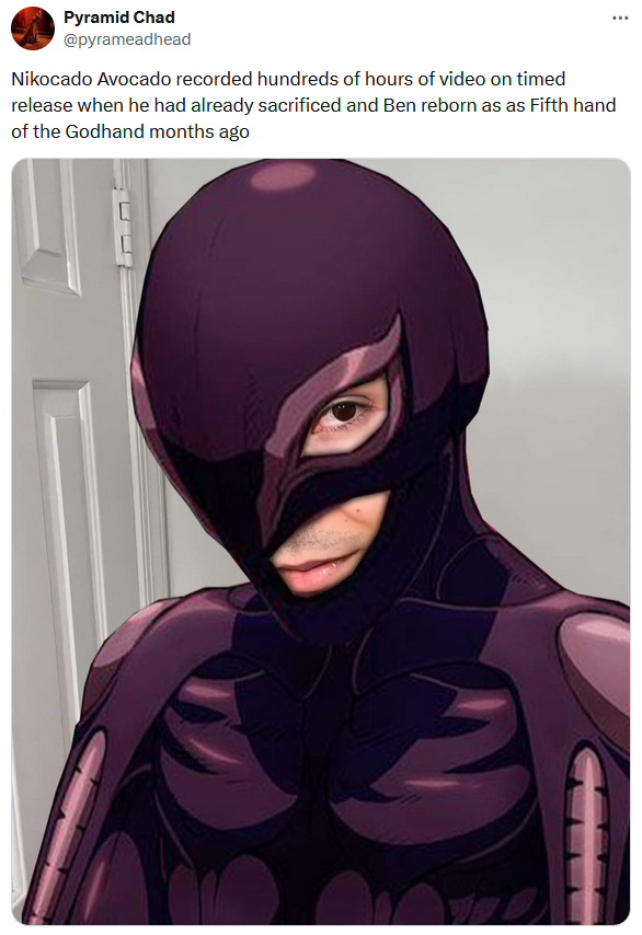 Nikocado Avocado meme Photoshopped into an anime villain.