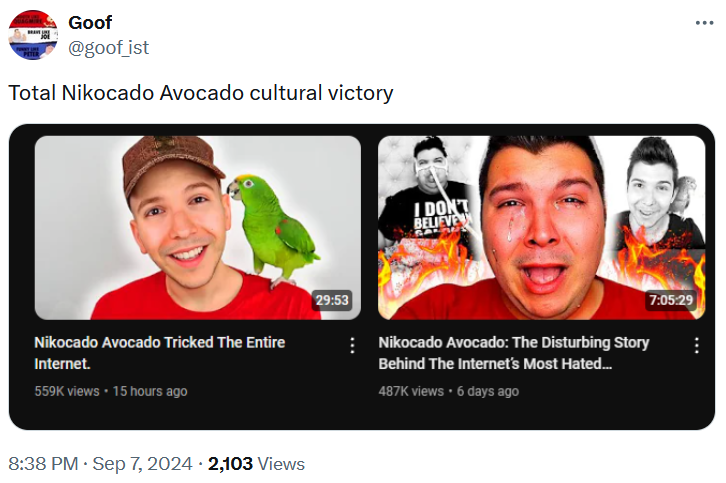 Nikocado Avocado meme claiming he won a 'cultural victory.'