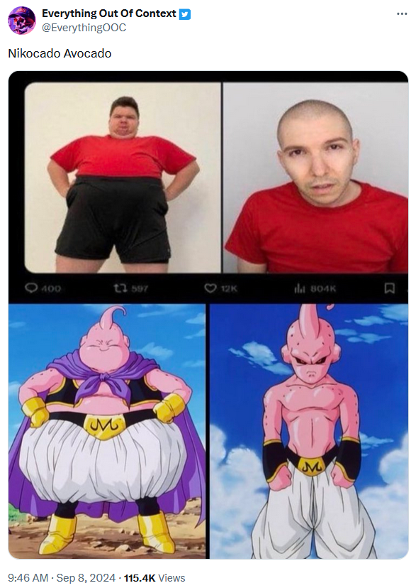 Nikocado Avocado meme comparing him to a Dragon Ball character.