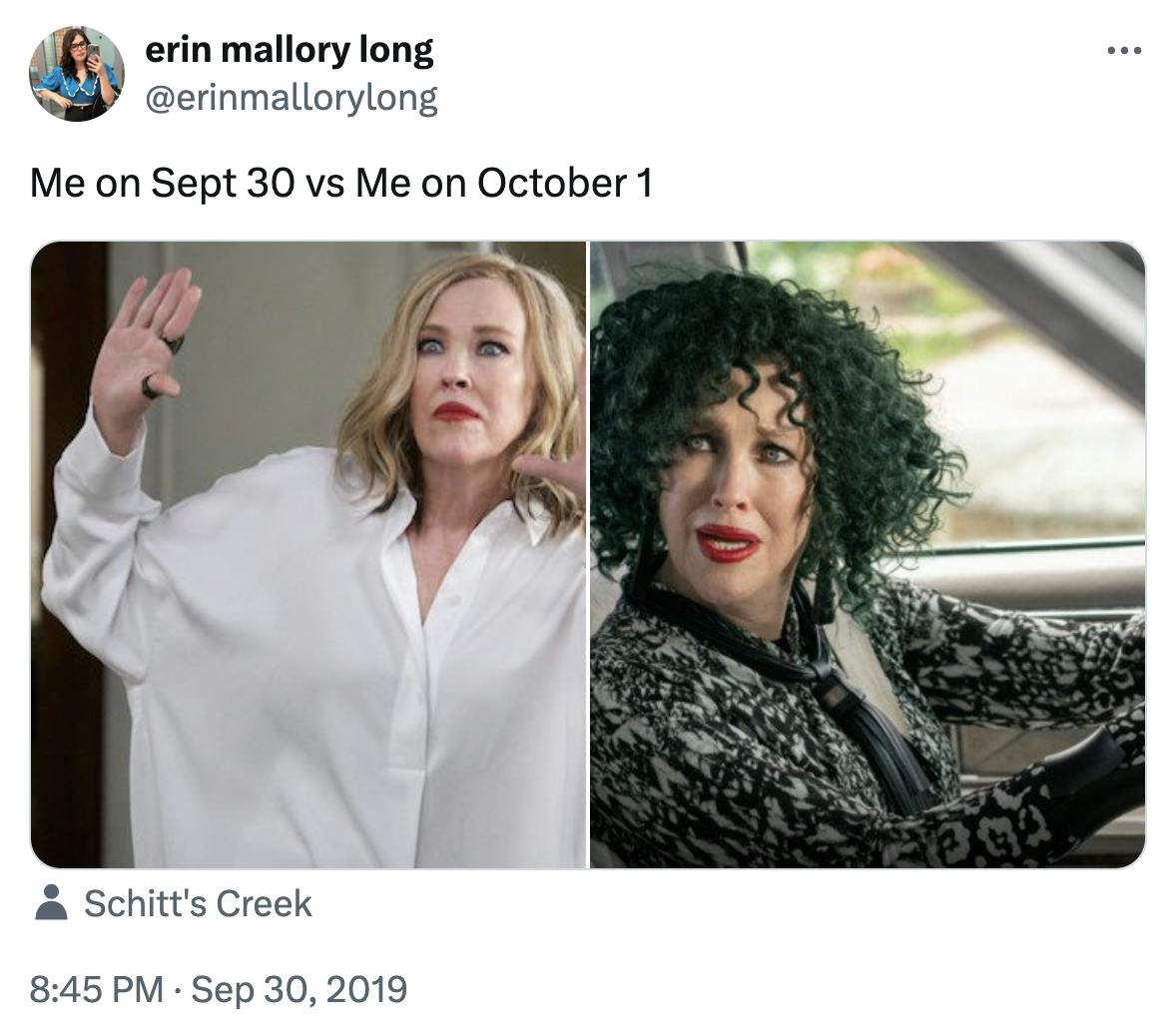 September 30 vs October 1 meme featuring Moira Rose from Schitt's Creek.