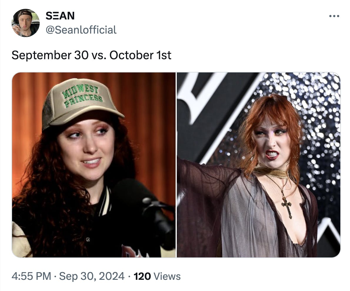 September 30 vs October 1 meme featuring Chappell Roan.