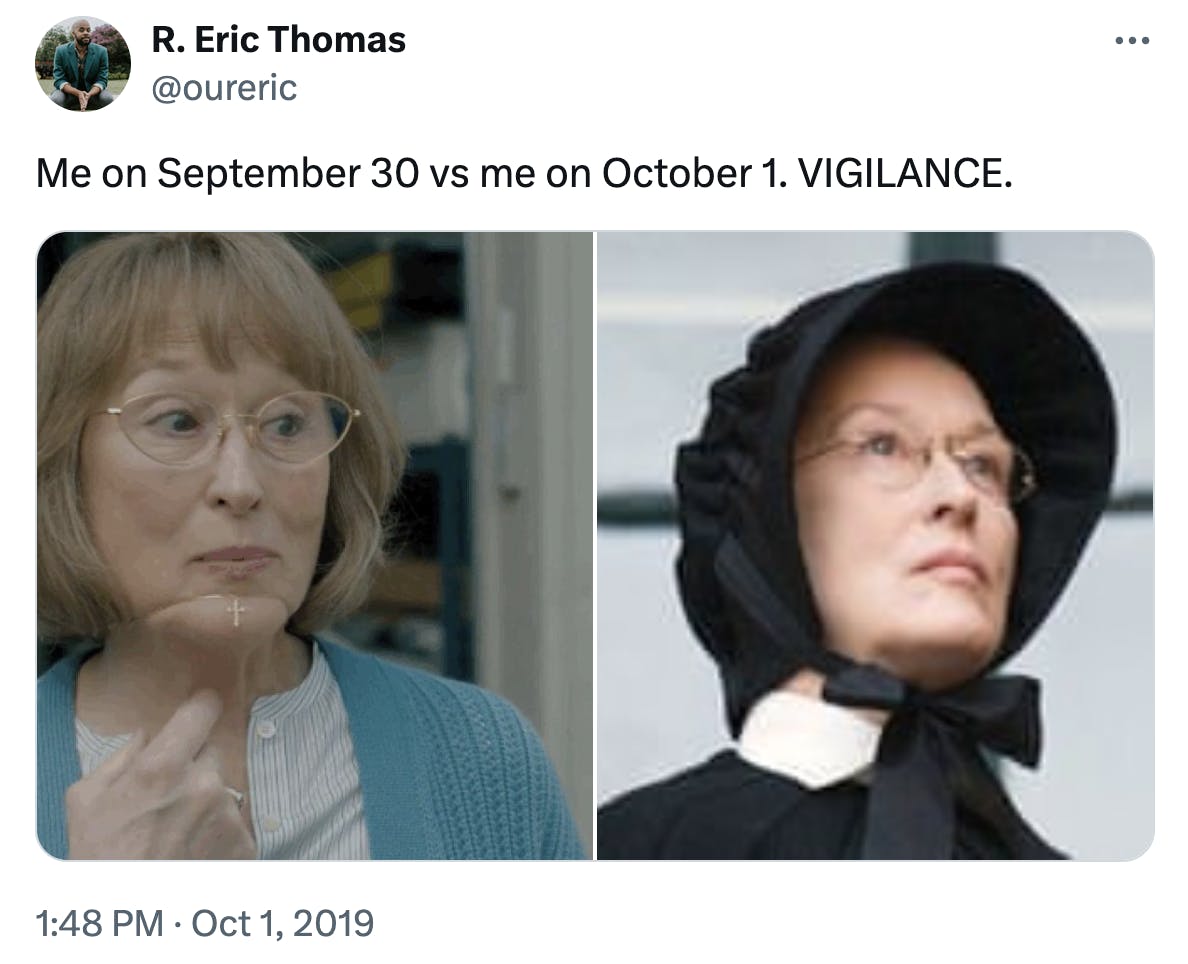 September 30 vs October 1 meme featuring Meryl Streep.