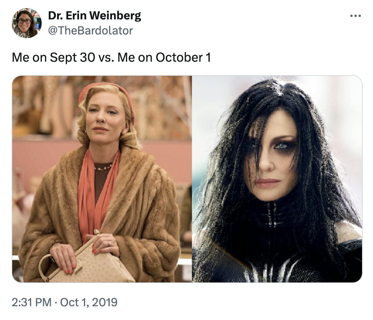 September 30 vs October 1 meme featuring Cate Blanchett in two movies.