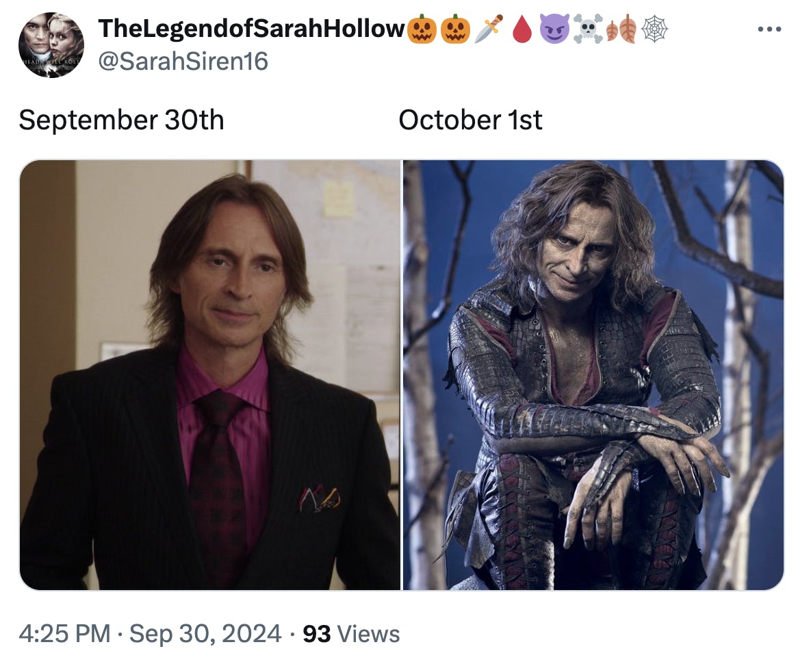 September 30 vs October 1 meme featuring Rumplestiltskin from 'Once Upon a Time.'