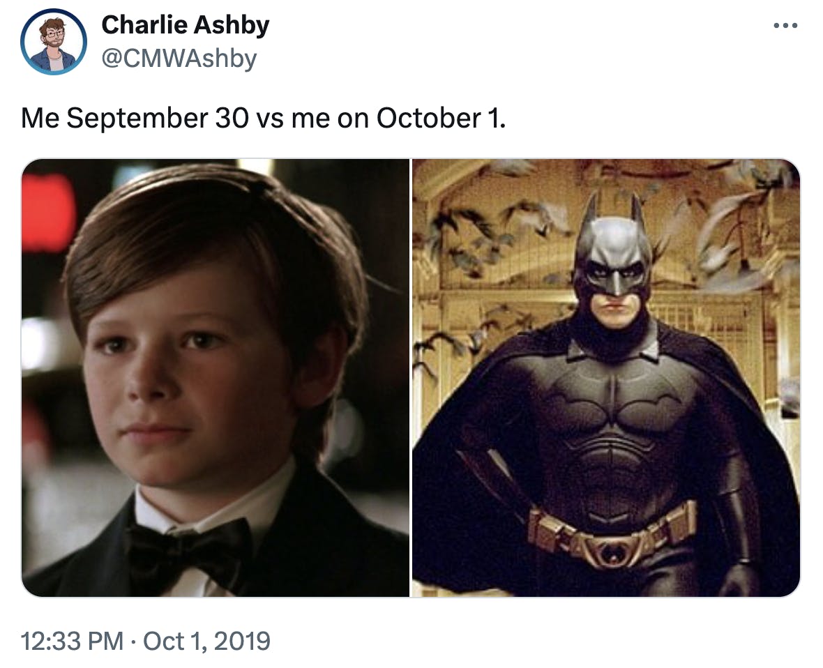 September 30 vs October 1 meme featuring young Bruce the night his parents are murdered and him as Batman.