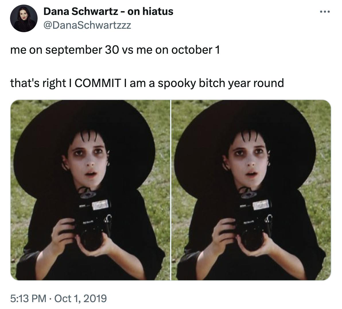 September 30 vs October 1 meme featuring two of the same image of Lydia from Beetlejuice.