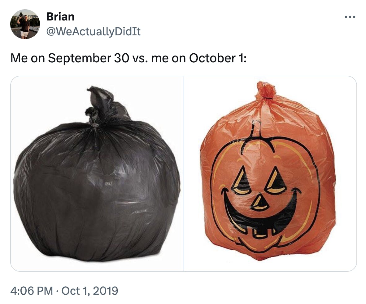 September 30 vs October 1 meme featuring regular trash bags and a Halloween-themed trash bag.