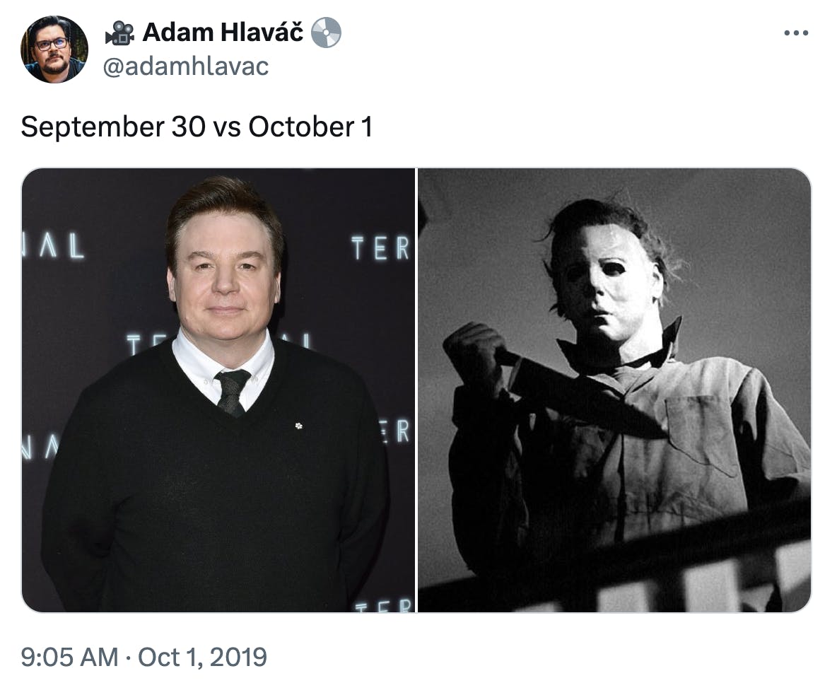 September 30 vs October 1 meme featuring Mike Meyers and the character Michael Myers in the Halloween franchise.