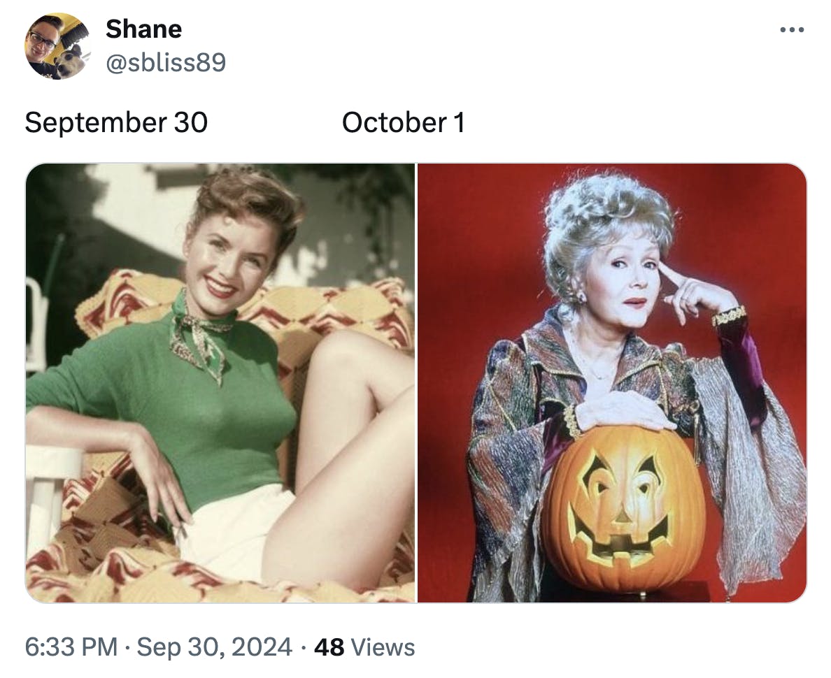 September 30 vs October 1 meme featuring Debbie Reynolds as a young woman an in Halloweentown.