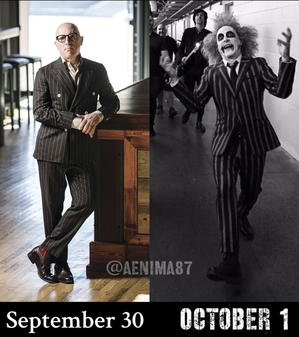 September 30 vs October 1 meme featuring a man in a tailored suit and the same man dressed as Beetlejuice.