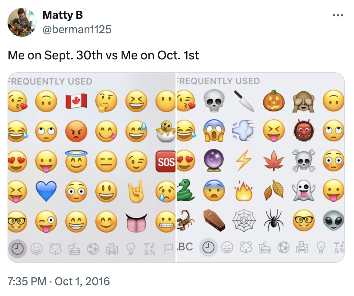 September 30 vs October 1 meme featuring the OP's frequently used emoji screens.