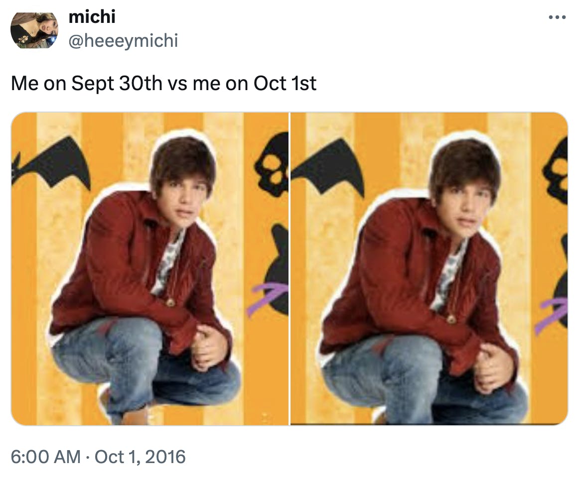 September 30 vs October 1 meme featuring two of the same photo of Justin Bieber.