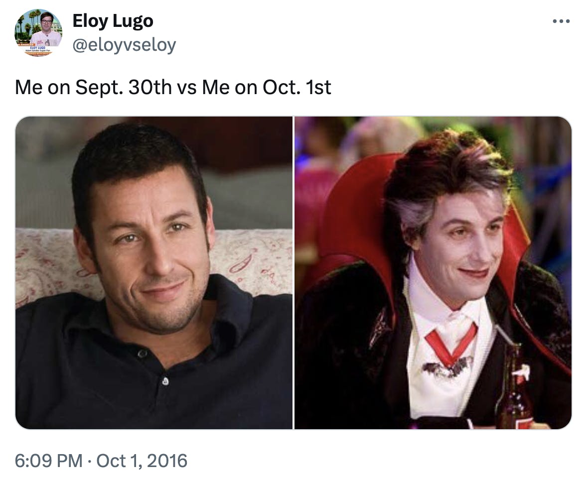 September 30 vs October 1 meme featuring Adam Sandler as himself and dressed as a vampire.