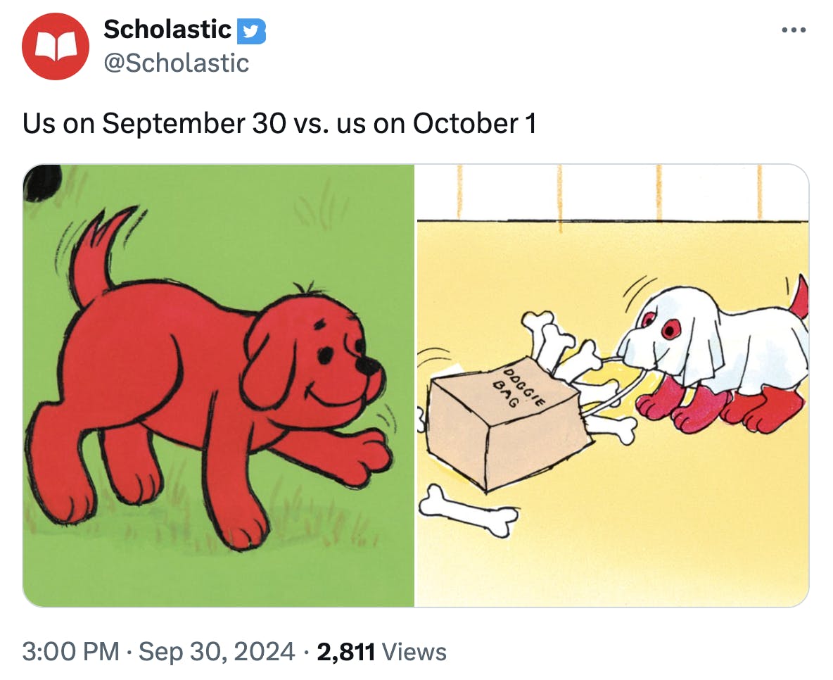 September 30 vs October 1 meme featuring Clifford.