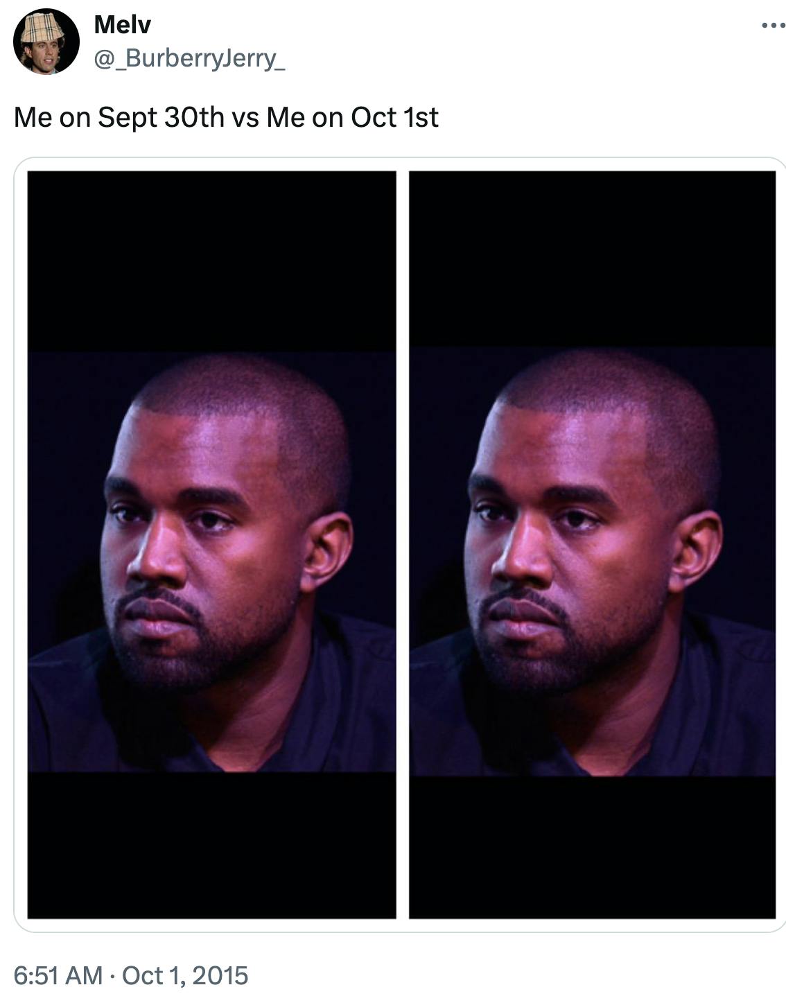 September 30 vs October 1 meme featuring two of the same photo of Kanye West.