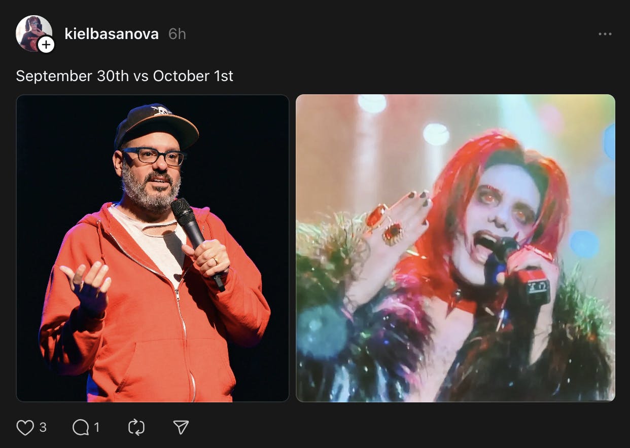 September 30 vs October 1 meme featuring a man on stage holding a mic looking relatively normal versus in full glam makeup and outfit.