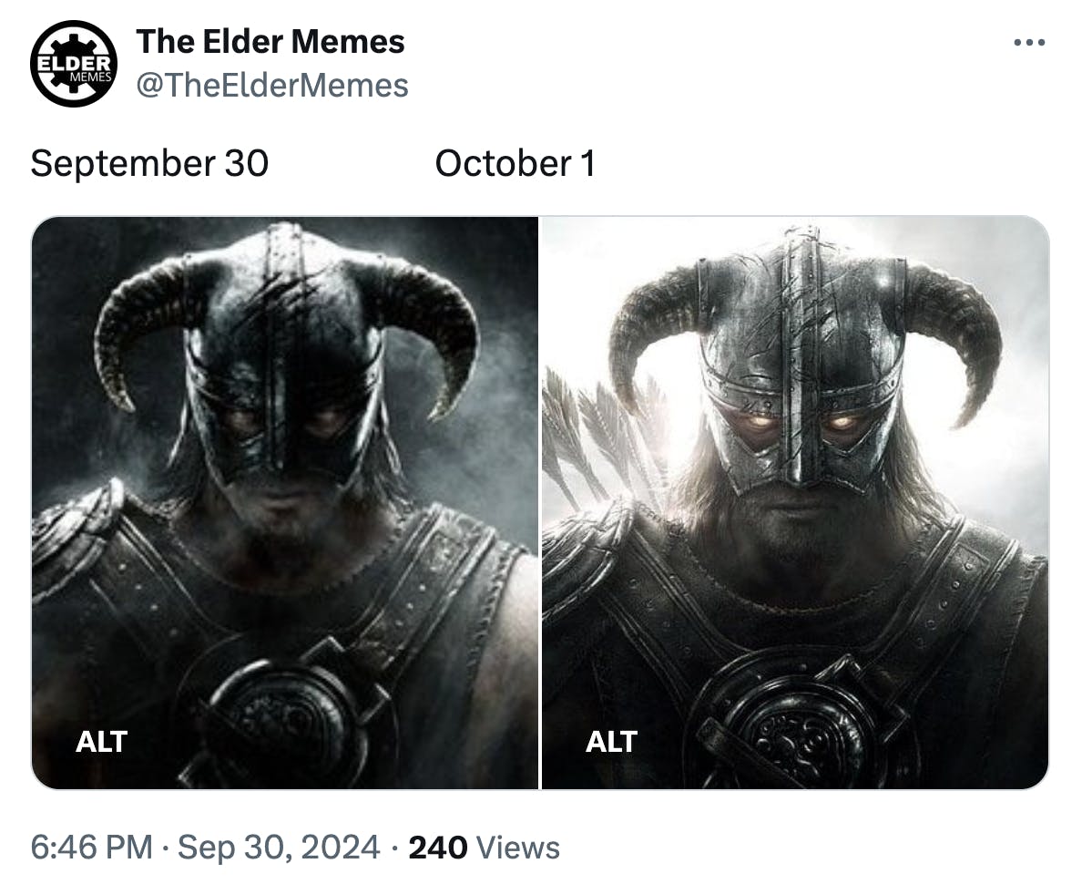 September 30 vs October 1 meme featuring a character named Dragonborn.