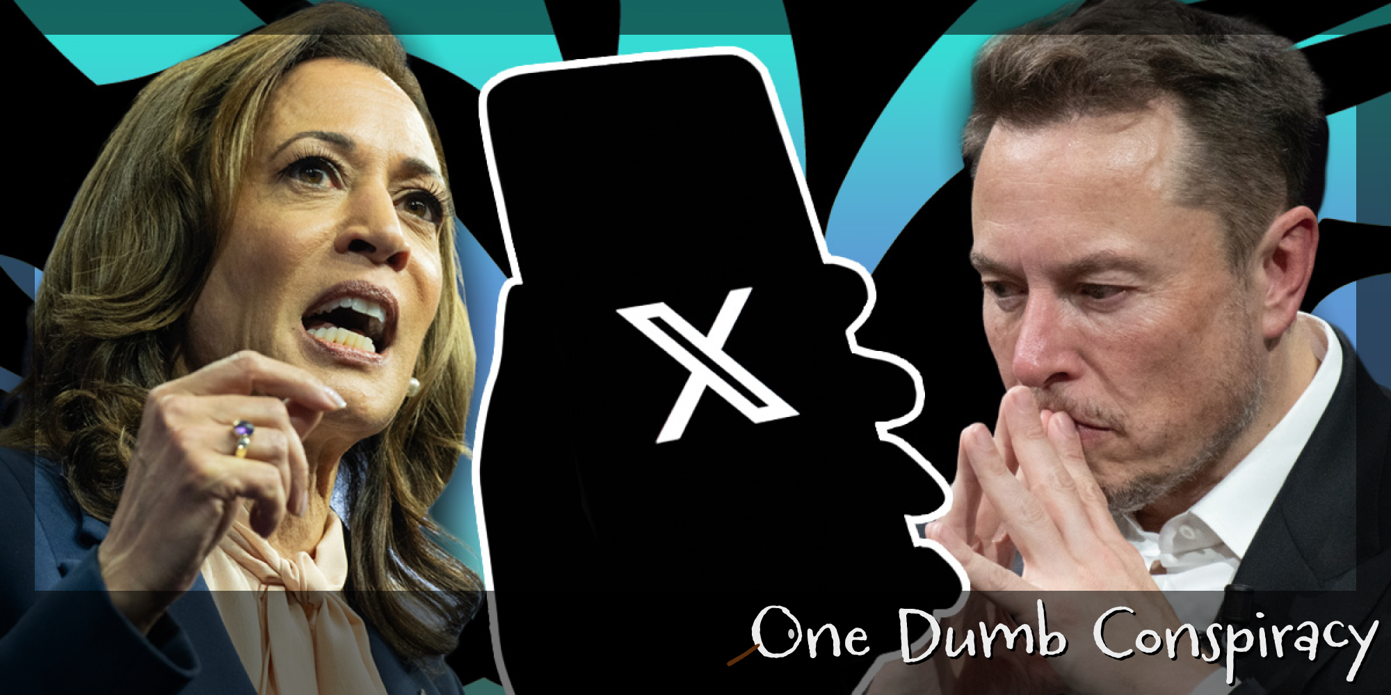 Kamala Harris and Elon Musk with phone and X logo over black and blue. There is a Daily Dot newsletter logo that says 'One Dumb Conspiracy' in the bottom right corner.