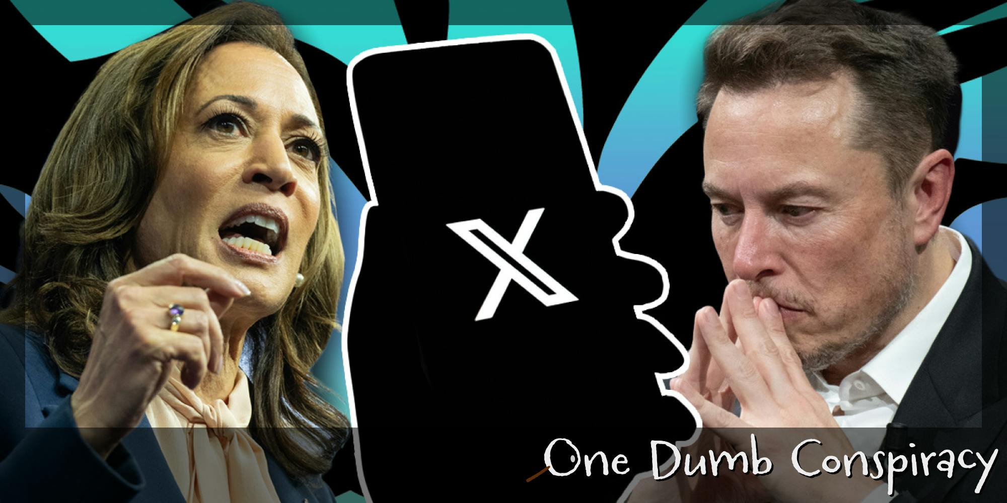 Kamala Harris and Elon Musk with phone and X logo over black and blue. There is a Daily Dot newsletter logo that says 'One Dumb Conspiracy' in the bottom right corner.