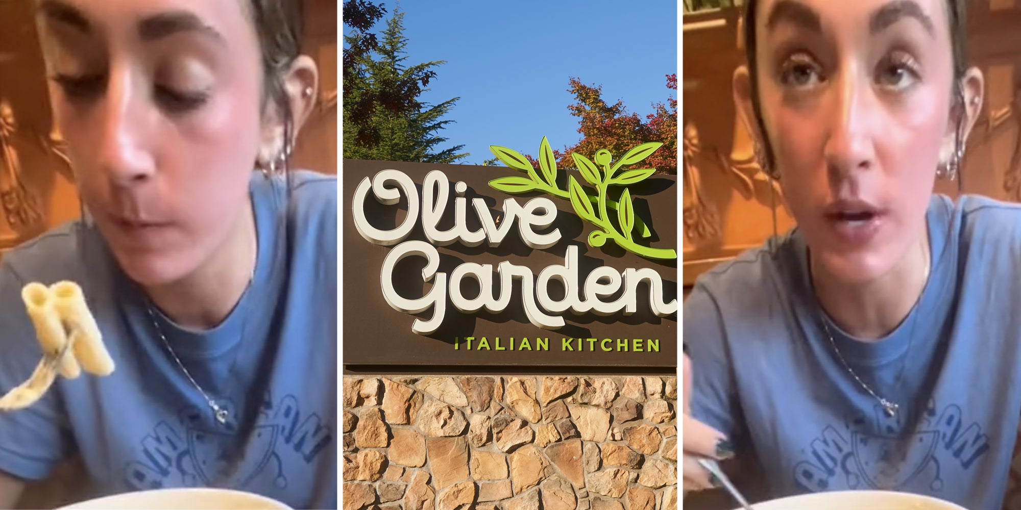 Woman eating(l), Olive Garden sign(c), Woman looking up(r)